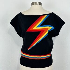Oxknit Womens Whimsical Twee Retro Mod Knit Top Sz Medium Kidcore Rainbow Bolt